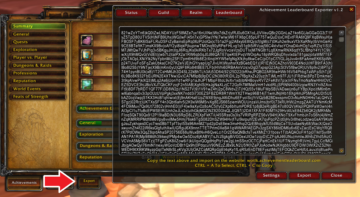 Screenshot of the Achievement Leaderboard exporter addon